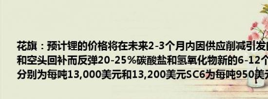 花旗：预计锂的价格将在未来2-3个月内因供应削减引发的实物再平衡和空头回补而反弹20-25%碳酸盐和氢氧化物新的6-12个月目标价预测分别为每吨13,000美元和13,200美元SC6为每吨950美元
