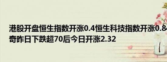 港股开盘恒生指数开涨0.4恒生科技指数开涨0.84；巨星传奇昨日下跌超70后今日开涨2.32