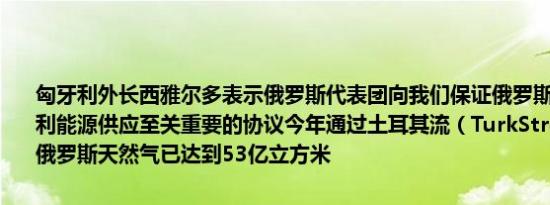 匈牙利外长西雅尔多表示俄罗斯代表团向我们保证俄罗斯将履行对匈牙利能源供应至关重要的协议今年通过土耳其流（TurkStream）输送的俄罗斯天然气已达到53亿立方米