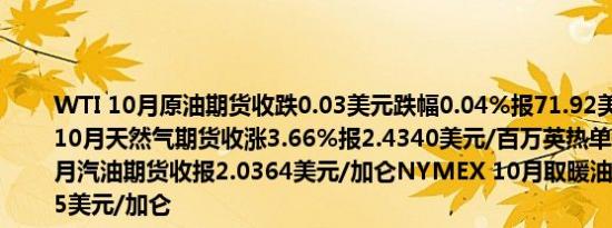 WTI 10月原油期货收跌0.03美元跌幅0.04%报71.92美元/桶NYMEX 10月天然气期货收涨3.66%报2.4340美元/百万英热单位NYMEX 10月汽油期货收报2.0364美元/加仑NYMEX 10月取暖油期货收报2.1615美元/加仑
