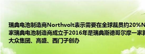 瑞典电池制造商Northvolt表示需要在全球裁员约20%Northvolt是一家瑞典电池制造商成立于2016年是瑞典斯德哥尔摩一家新能源公司由大众集团、高盛、西门子创办
