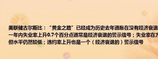美联储古尔斯比：“黄金之路”已经成为历史去年通胀在没有经济衰退的情况下下降；一年内失业率上升0.7个百分点通常是经济衰退的警示信号；失业率在方向上呈上升趋势但水平仍然较低；违约率上升也是一个（经济衰退的）警示信号