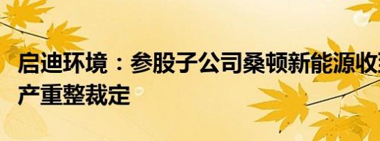 启迪环境：参股子公司桑顿新能源收到法院破产重整裁定