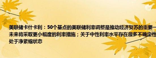 美联储卡什卡利：50个基点的美联储利率调整是推动经济复苏的重要一步；预计美联储未来将采取更小幅度的利率措施；关于中性利率水平存在很多不确定性；美联储政策仍处于净紧缩状态