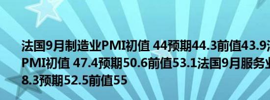 法国9月制造业PMI初值 44预期44.3前值43.9法国9月综合PMI初值 47.4预期50.6前值53.1法国9月服务业PMI初值 48.3预期52.5前值55