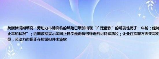 美联储博斯蒂克：劳动力市场面临的风险已增加出现“广泛疲软”的可能性高于一年前；经济“实际上接近被视为正常的状况”；近期数据显示美国正稳步走向价格稳定的可持续路径；企业在招聘方面变得更加谨慎但并未考虑裁员；劳动力市场正在放缓但并未疲软