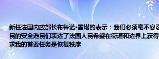 新任法国内政部长布鲁诺·雷塔约表示：我们必须毫不容忍以保护犹太公民的安全选民们表达了法国人民希望在街道和边界上获得更多秩序的诉求我的首要任务是恢复秩序