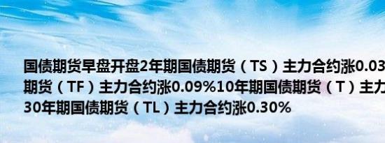 国债期货早盘开盘2年期国债期货（TS）主力合约涨0.03%5年期国债期货（TF）主力合约涨0.09%10年期国债期货（T）主力合约涨0.07%30年期国债期货（TL）主力合约涨0.30%
