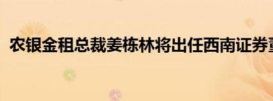 农银金租总裁姜栋林将出任西南证券董事长