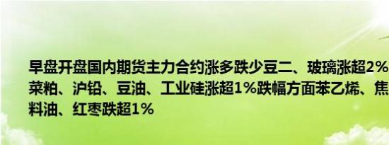 早盘开盘国内期货主力合约涨多跌少豆二、玻璃涨超2%纯碱、豆粕、菜粕、沪铅、豆油、工业硅涨超1%跌幅方面苯乙烯、焦煤、焦炭、燃料油、红枣跌超1%