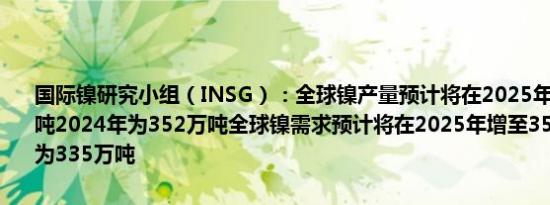 国际镍研究小组（INSG）：全球镍产量预计将在2025年增加至365万吨2024年为352万吨全球镍需求预计将在2025年增至351万吨2024年为335万吨