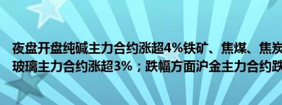夜盘开盘纯碱主力合约涨超4%铁矿、焦煤、焦炭、20号胶、玻璃主力合约涨超3%；跌幅方面沪金主力合约跌0.21%