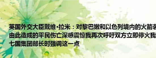 英国外交大臣戴维·拉米：对黎巴嫩和以色列境内的火箭袭击和空袭以及由此造成的平民伤亡深感震惊我再次呼吁双方立即停火我将在今晚会见七国集团部长时强调这一点