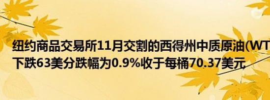 纽约商品交易所11月交割的西得州中质原油(WTI)期货价格下跌63美分跌幅为0.9%收于每桶70.37美元