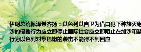 伊朗总统佩泽希齐扬：以色列以自卫为借口犯下种族灭绝罪以色列在加沙的侵略行为应立即停止国际社会应立即阻止在加沙和黎巴嫩发生暴力行为以色列对黎巴嫩的袭击不能得不到回应