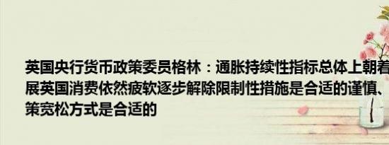 英国央行货币政策委员格林：通胀持续性指标总体上朝着正确的方向发展英国消费依然疲软逐步解除限制性措施是合适的谨慎、稳健的货币政策宽松方式是合适的