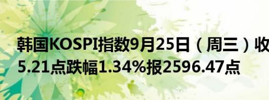 韩国KOSPI指数9月25日（周三）收盘下跌35.21点跌幅1.34%报2596.47点