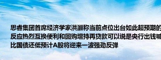 思睿集团首席经济学家洪灏称当前点位出台如此超预期的政策市场势必反应热烈互换便利和回购增持再贷款可以说是央行出钱喊你买股票利率比国债还低预计A股将迎来一波强劲反弹