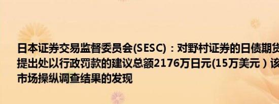 日本证券交易监督委员会(SESC)：对野村证券的日债期货市场操纵行为提出处以行政罚款的建议总额2176万日元(15万美元）该建议是基于对市场操纵调查结果的发现