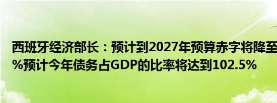 西班牙经济部长：预计到2027年预算赤字将降至GDP的1.8%预计今年债务占GDP的比率将达到102.5%