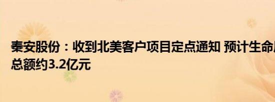 秦安股份：收到北美客户项目定点通知 预计生命周期内销售总额约3.2亿元