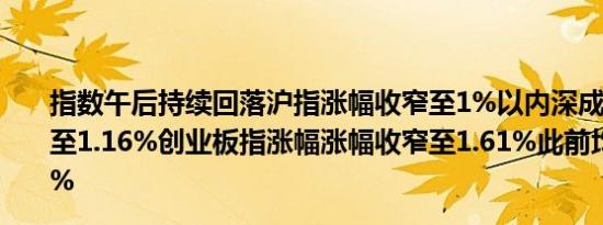 指数午后持续回落沪指涨幅收窄至1%以内深成指涨幅收窄至1.16%创业板指涨幅涨幅收窄至1.61%此前均一度涨超3%