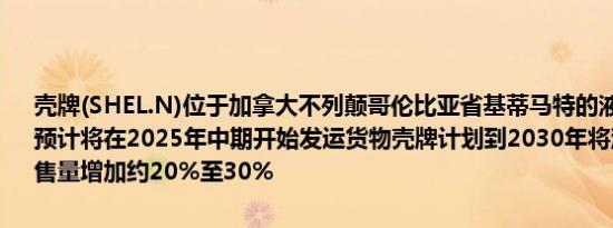 壳牌(SHEL.N)位于加拿大不列颠哥伦比亚省基蒂马特的液化天然气设施预计将在2025年中期开始发运货物壳牌计划到2030年将液化天然气销售量增加约20%至30%