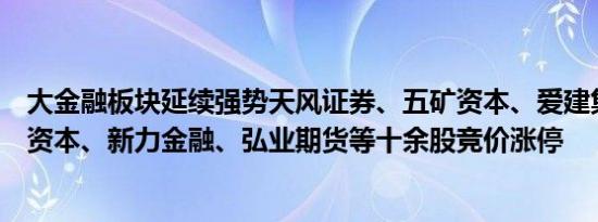 大金融板块延续强势天风证券、五矿资本、爱建集团、中粮资本、新力金融、弘业期货等十余股竞价涨停