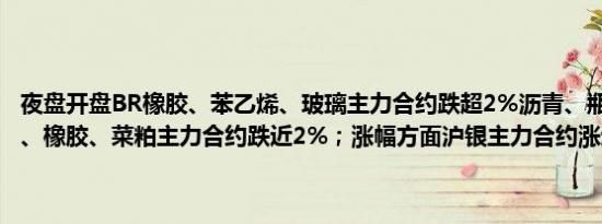 夜盘开盘BR橡胶、苯乙烯、玻璃主力合约跌超2%沥青、瓶片、LU燃油、橡胶、菜粕主力合约跌近2%；涨幅方面沪银主力合约涨近1%