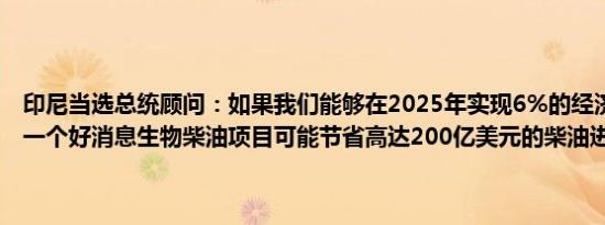 印尼当选总统顾问：如果我们能够在2025年实现6%的经济增长那将是一个好消息生物柴油项目可能节省高达200亿美元的柴油进口费用
