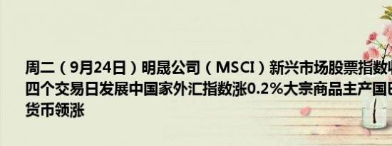 周二（9月24日）明晟公司（MSCI）新兴市场股票指数收涨1.9%连涨四个交易日发展中国家外汇指数涨0.2%大宗商品主产国巴西和智利的货币领涨