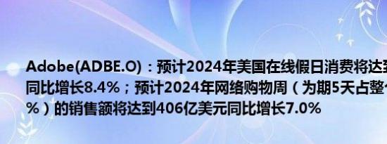 Adobe(ADBE.O)：预计2024年美国在线假日消费将达到2408亿美元同比增长8.4%；预计2024年网络购物周（为期5天占整个季节的16.9%）的销售额将达到406亿美元同比增长7.0%