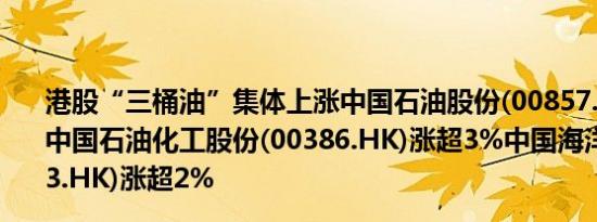 港股“三桶油”集体上涨中国石油股份(00857.HK)涨超4%中国石油化工股份(00386.HK)涨超3%中国海洋石油(00883.HK)涨超2%