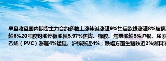 早盘收盘国内期货主力合约多数上涨纯碱涨超9%集运欧线涨超8%玻璃涨超7%铁矿石涨超6%20号胶封涨停板涨幅5.97%焦煤、橡胶、焦炭涨超5%沪银、尿素、BR橡胶、聚氯乙烯（PVC）涨超4%锰硅、沪锌涨近4%；跌幅方面生猪跌近2%燃料油跌超1%