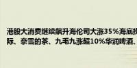 港股大消费继续飙升海伦司大涨35%海底捞、安踏体育、李宁、颐海国际、奈雪的茶、九毛九涨超10%华润啤酒、珍酒李渡涨近10%