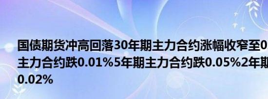国债期货冲高回落30年期主力合约涨幅收窄至0.03%10年期主力合约跌0.01%5年期主力合约跌0.05%2年期主力合约跌0.02%