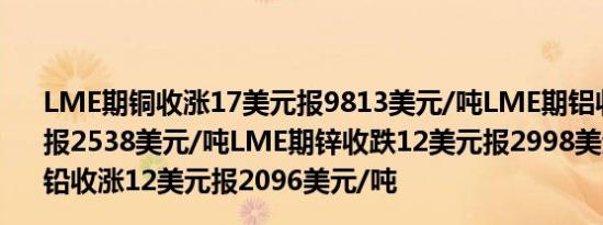 LME期铜收涨17美元报9813美元/吨LME期铝收跌18美元报2538美元/吨LME期锌收跌12美元报2998美元/吨LME期铅收涨12美元报2096美元/吨