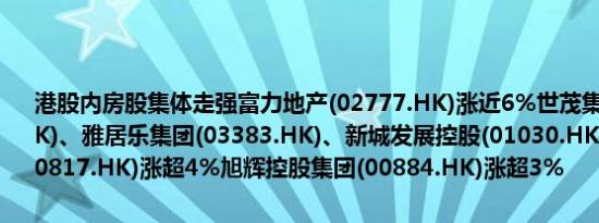 港股内房股集体走强富力地产(02777.HK)涨近6%世茂集团(00813.HK)、雅居乐集团(03383.HK)、新城发展控股(01030.HK)、中国金茂(00817.HK)涨超4%旭辉控股集团(00884.HK)涨超3%