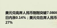 美元兑离岸人民币刚刚突破7.0800元关口最新报7.0791元日内涨0.14%；美元兑在岸人民币最新报7.0860元日内涨0.27%