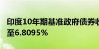 印度10年期基准政府债券收益率下跌1个基点至6.8095%