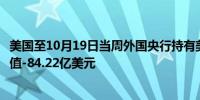美国至10月19日当周外国央行持有美国国债 62.16亿美元前值-84.22亿美元