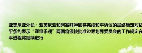 亚美尼亚外长：亚美尼亚和阿塞拜疆即将完成和平协议的最终确定对达成完全一致的和平条约表示“谨慎乐观”两国将很快批准边界划界委员会的工作规定在这些批准之后和平进程将继续进行