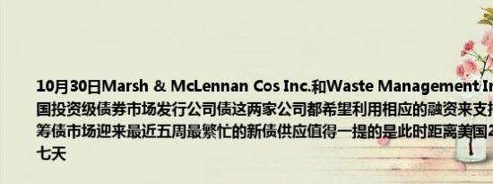 10月30日Marsh & McLennan Cos Inc.和Waste Management Inc.等六家公司在美国投资级债券市场发行公司债这两家公司都希望利用相应的融资来支持收购当天美国蓝筹债市场迎来最近五周最繁忙的新债供应值得一提的是此时距离美国2024年大选已不足七天