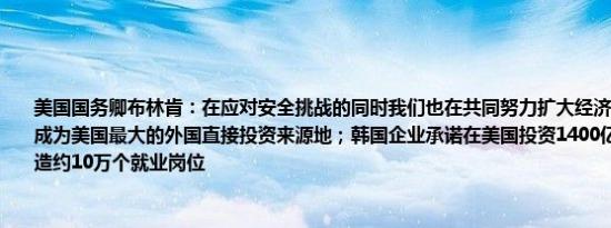 美国国务卿布林肯：在应对安全挑战的同时我们也在共同努力扩大经济合作韩国目前已成为美国最大的外国直接投资来源地；韩国企业承诺在美国投资1400亿美元这将帮助创造约10万个就业岗位