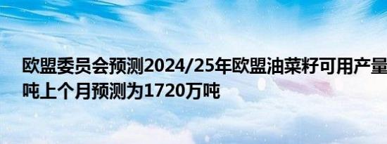 欧盟委员会预测2024/25年欧盟油菜籽可用产量为1710万吨上个月预测为1720万吨