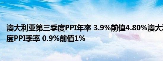 澳大利亚第三季度PPI年率 3.9%前值4.80%澳大利亚第三季度PPI季率 0.9%前值1%